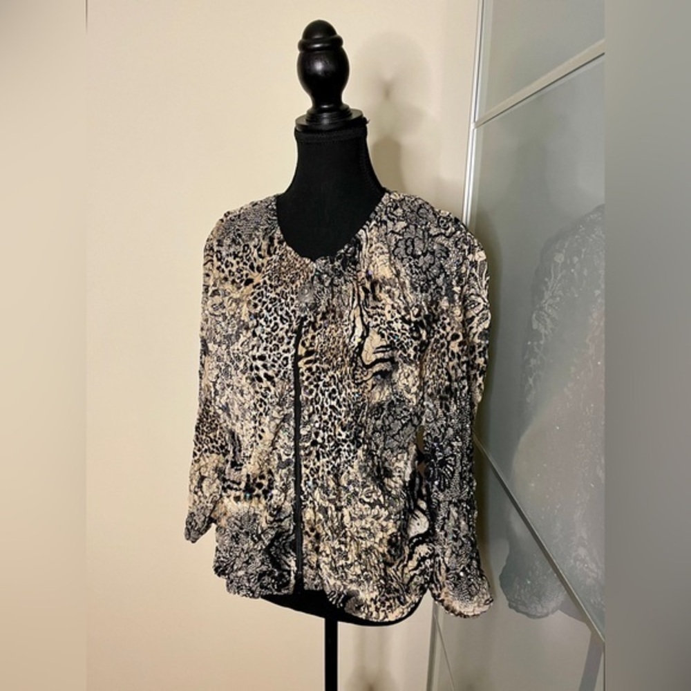 Vintage Joseph Ribkoff bomber style evening jacket, sequins, black, tan, zip. 🖤💛